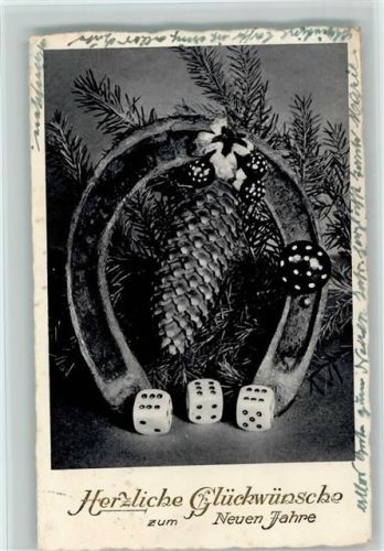 Neujahr - Hufeisen, Würfel , Tannenzapfen ca 1938 AK Würfeln