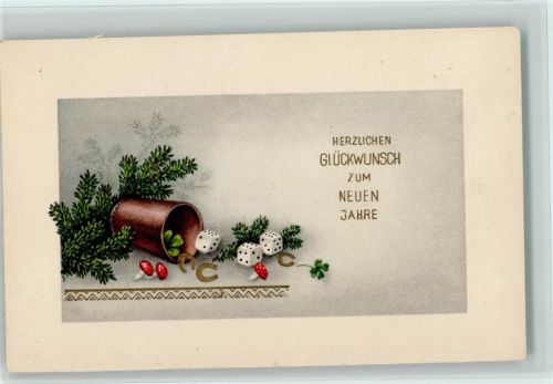 Neujahr - Tannenzweig, kleine Hufeisen, Becher und Würfel Würfeln