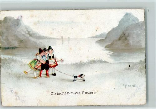 sign E. Frank - Zwischen zwei Feuern - Kinder mit einem Hund an der Leine