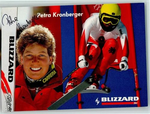 Petra Kronberger bei der Abfahrt und Original Autogramm