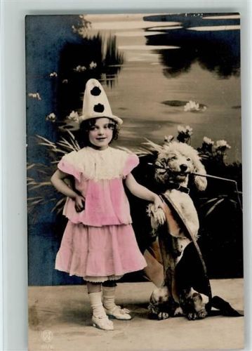 Mädchen im Clown Kostüm, Pudel hält die Peitsche 1911 Foto AK Pudel