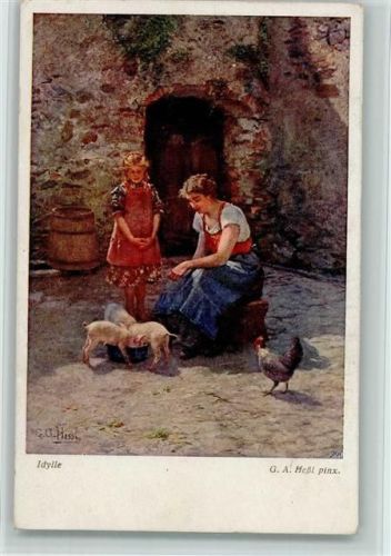 Idylle - sign Heßl - Bäuerin füttert Schweine Ferkel 1917 AK