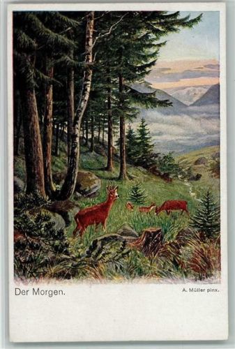 der Morgen - die Rehen äsen - sign A. Müller - Moderne Meister Nr. 102 AK Jagdtiere