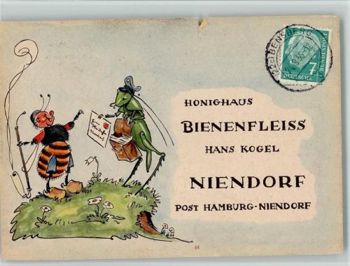 vermenschlicht Biene und Grille als Briefträger - 1956 Honighaus Bienenfleiss , Niendorf , Einriss