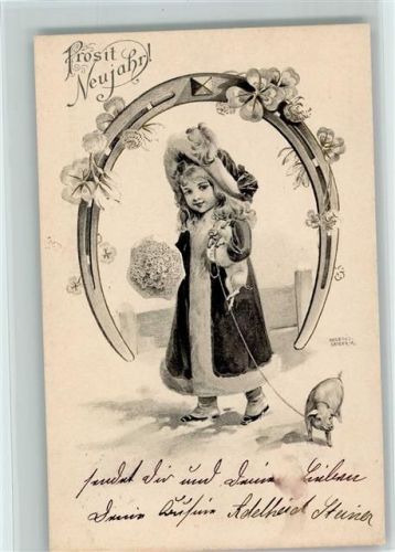Neujahr - Mädchen mit kleinen Schweinen, großes Hufeisen Hegedüs-Geiger, R. - H.G.R. Künstlerkarte