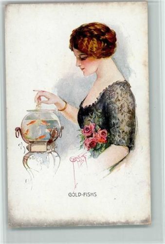 Schöne Frau füttert Goldfische im Glas - sign