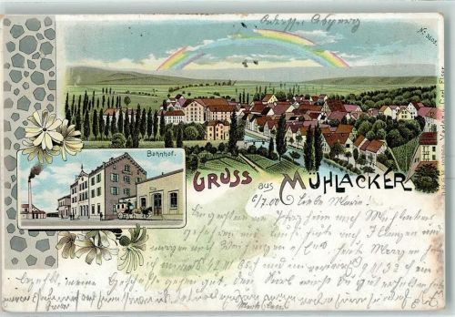 75417 W7130 Mühlacker 1900 Lithographie Bahnhof Regenbogen