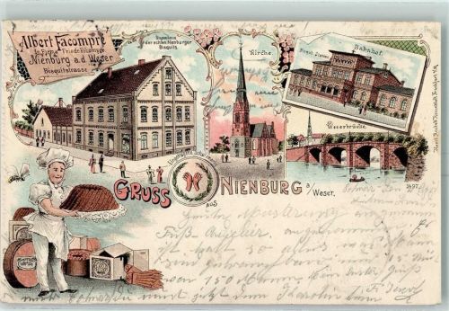 31582 W3070 Nienburg Weser 1902 Karte beschädigt Bäckerei Albert Facompre Bisquits Kirche Bahnhof Weserbrücke Lithographie