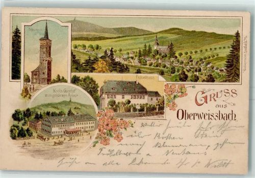 98744 O6432 Oberweißbach 1901 Lithographie Gröbelturm Kochs Gasthof Zum goldenen Anker Fröbelhaus