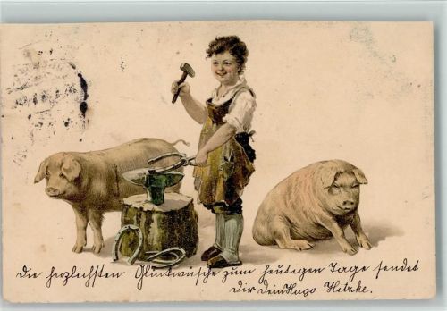 Neujahr - Schweine, Schmied fertigt Hufeisen - Stempelflecken 1904 AK Schmied