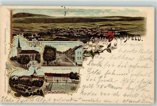 37127 W3402 Dransfeld 1904 Lithographie Kirche Lange Straße Oberer Feuerteich
