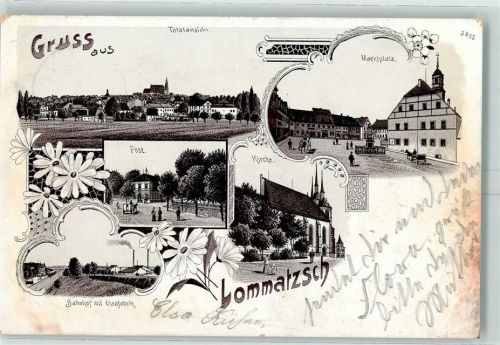 01623 O8260 Lommatzsch 1902 Lithographie Marktplatz ost Kirche Bahnhof mit Glasfabrik