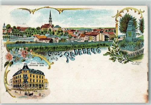 01454 O8142 Radeberg Lithographie Heinzes Restaurant Zur Deutschen Eiche Kriegerdenkmal