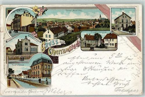 Ober-Ramstadt 1900 Neue Schule Gewerbeschule Hauptstraße Kriegerdenkmal Post Lithographie