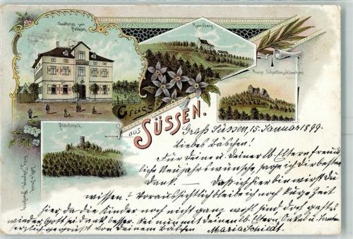 Süßen 1899 Gasthaus Zum Pelikan Ramsberg Ruine Scharffenschlösschen Staufeneck Lithographie