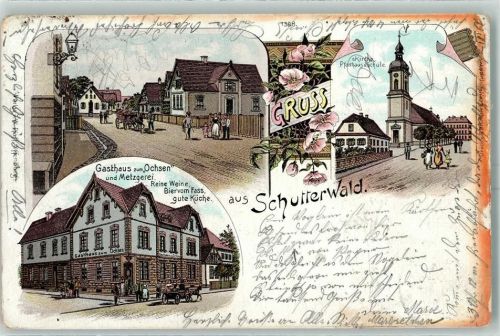 Schutterwald 1898 Gasthaus Zum Ochsen Metzgerei Kirche Pfarrhaus Schule Lithographie