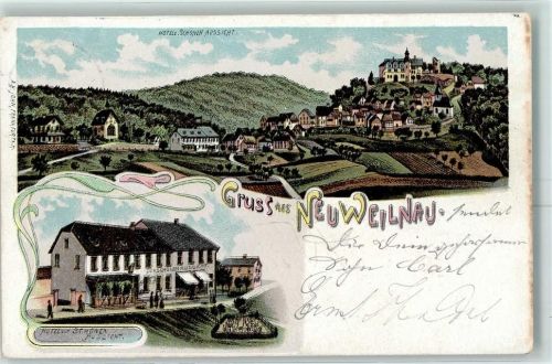 61276 W6395 Neuweilnau 1900 Lithographie Hotel Zur Schönen Aussicht