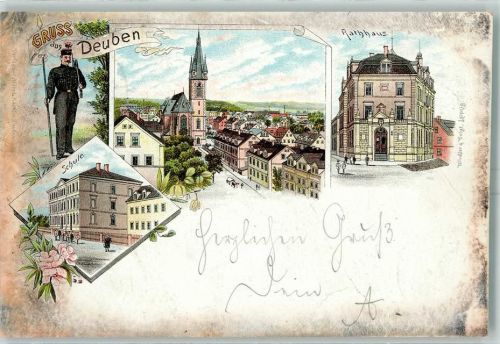 01705 O8210 Deuben 1896 Lithographie Schule Rathaus Kirche