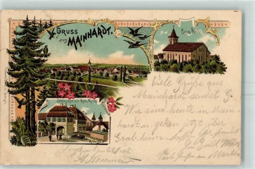 74523 W7173 Mainhardt 1906 Lithographie Ev. Kirche Schlösschen mit Kath. Kirche