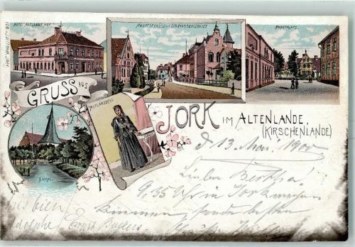 Jork 1900 Hotel Altländer Hof Hauptstraße mit Sparkassengebäude Marktplatz Kirche Altländerin Tracht