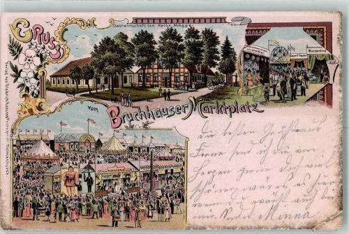 W2814 Bruchhausen-Vilsen Lithographie Gruss aus Drehorgel Gasthaus Mügge AK Jahrmarkt 1898 Gebrauchsspuren