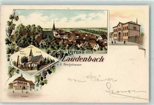 69514 W6947 Laudenbach , Bergstr 1898 Lithographie Kriegerdenkmal Kirche Rathaus
