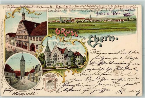 96106 W8603 Ebern 1896 Lithographie Rathaus Schloss Eyrichshof Grauturm