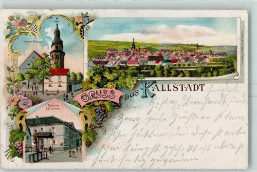 67098 W6701 Kallstadt , Pfalz 1903 Karte beschädigt Protest. Kirche Rathaus Brunnen Lithographie