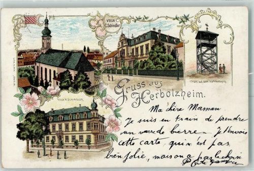 79336 W7834 Herbolzheim , Breisgau 1899 Lithographie Villa C. Schindler Turm auf dem Kahlenberg