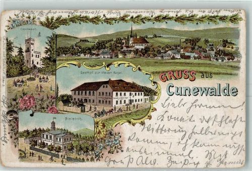 Cunewalde 1903 Czorneboh Gasthaus Zur blauen Kugel Bieleboh Lithographie