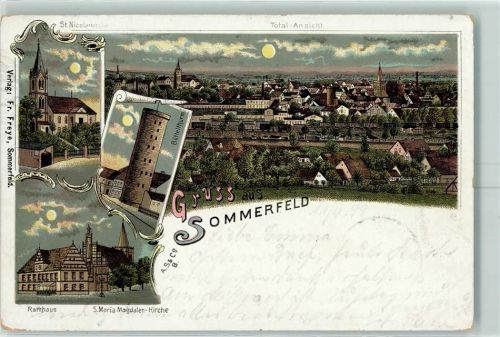 16766 O1421 Sommerfeld b Velten 1899 Lithographie / Mondschein St. Nicolaikirche Büttelturm Rathaus S. Maria Magdalen-Kirche