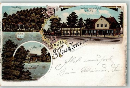 21614 W2150 Neukloster , Niederelbe 1898 Lithographie Försterhaus Gasthaus am Bahnhof I. Oetting Mühlenteich