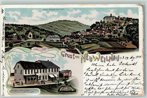 61276 W6395 Neuweilnau 1900 Lithographie Hotel Zur Schönen Aussicht