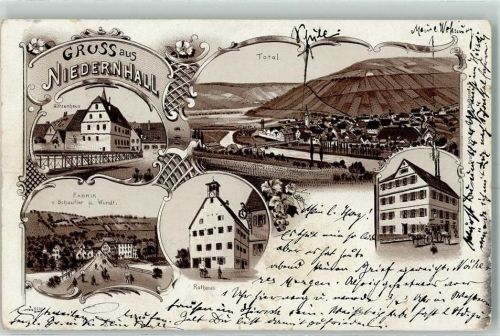 74676 W7119 Niedernhall 1901 Lithographie Götzenhaus Fabrik v. Schaufler und Wundt Rathaus Post