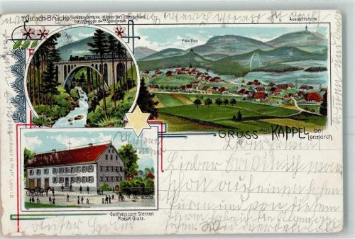 79853 W7825 Kappel , Hochschwarzw 1905 Gebrauchsspuren Pavillon Gasthaus Zum Sternen Martin Glatz Eisenbahnviadukt Lithographie