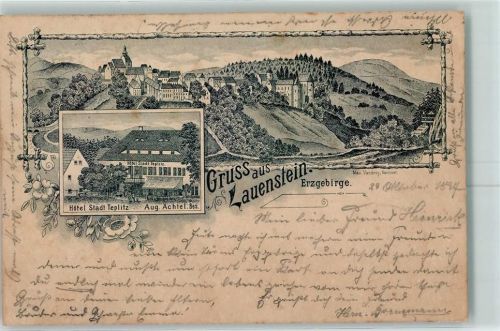 01778 O8246 Lauenstein , Sachs 1897 Lithographie Hotel Stadt Teplitz Aug. Achtel