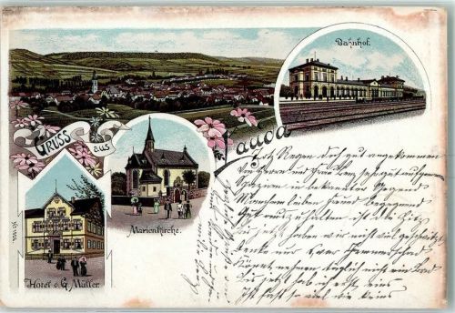 97922 W6970 Lauda 1901 Lithographie Hotel G. Müller Marienkirche Bahnhof