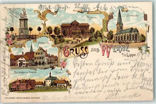 59368 W4712 Werne 1900 Lithographie Kriegerdenkmal Kurhaus Pfarrkirche Marktplatz Christophorus-Hospital Kloster