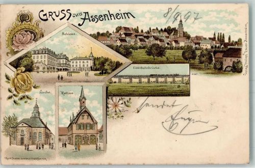 Assenheim, Hess 1897 Schloss Eisenbahnbrücke Rathaus Kirche