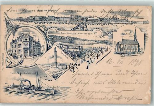 Norderney 1898 Apotheke Kath. Kirche Franz. Schanze Schwanen-Teich Leuchtturm Raddampfer Najade