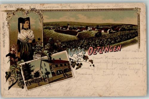 79576 W7858 Ötlingen 1901 Gebrauchsspuren Markgräflerin Tracht Gasthaus Zum Ochsen Lithographie