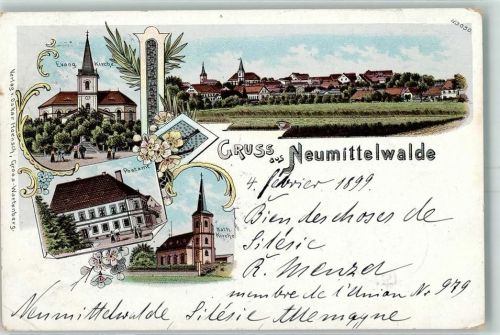 Neumittelwalde Miedzybórz 1899 Gebrauchsspuren Gruss aus Lithographie Postamt AK