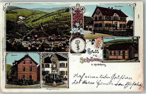 69250 W6917 Schönau , Odenw 1911 Lithographie Schulhaus Städt. Bad Kriegerdenkmal Postamt