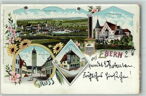96106 W8603 Ebern Lithographie Schloss Eyrichshof Grauturm Altes Landgericht Wappen