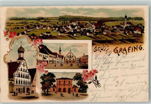 Grafing 1901 Marktplatz Rathaus Bahnhof Lithographie