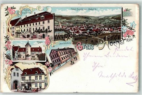 64739 W6128 Höchst i Odw 1898 Lithographie Gasthaus Zur Burg Breuberg Kloster Neues Schulhaus Gasthaus Zur Post Kutsche