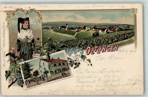 79576 W7858 Ötlingen 1900 Gebrauchsspuren Markgräflerin Tracht Gasthaus Zum Ochsen Weinberg Lithographie