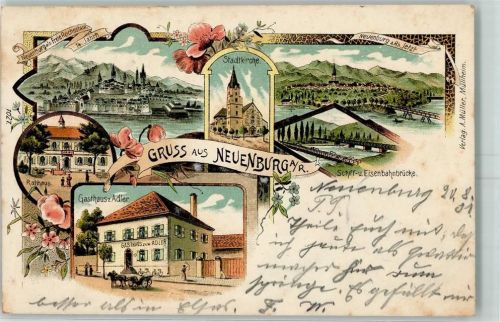 Neuenburg 1901 Stadtkirche Gasthaus Zum Adler Rathaus Schiff- und Eisenbahnbrücke