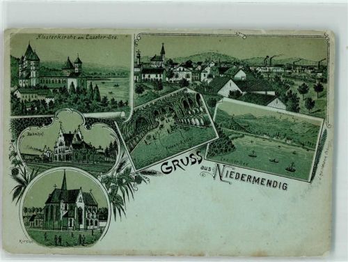 Niedermendig Klosterkirche Bahnhof Kirche Felsen-Keller Laacher See Lithographie