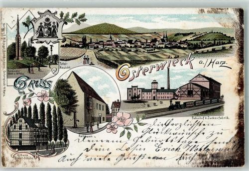 38835 O3606 Osterwieck 1898 Lithographie Gruss aus Rathaus Bahnhof Zuckerfabrik Kriegerdenkmal AK